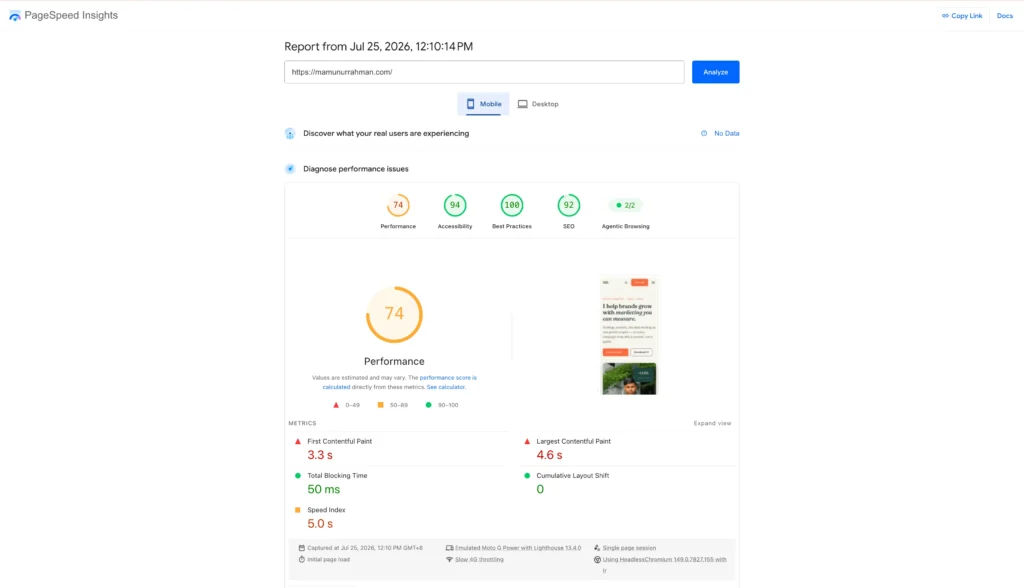 page speed insight details for mobile