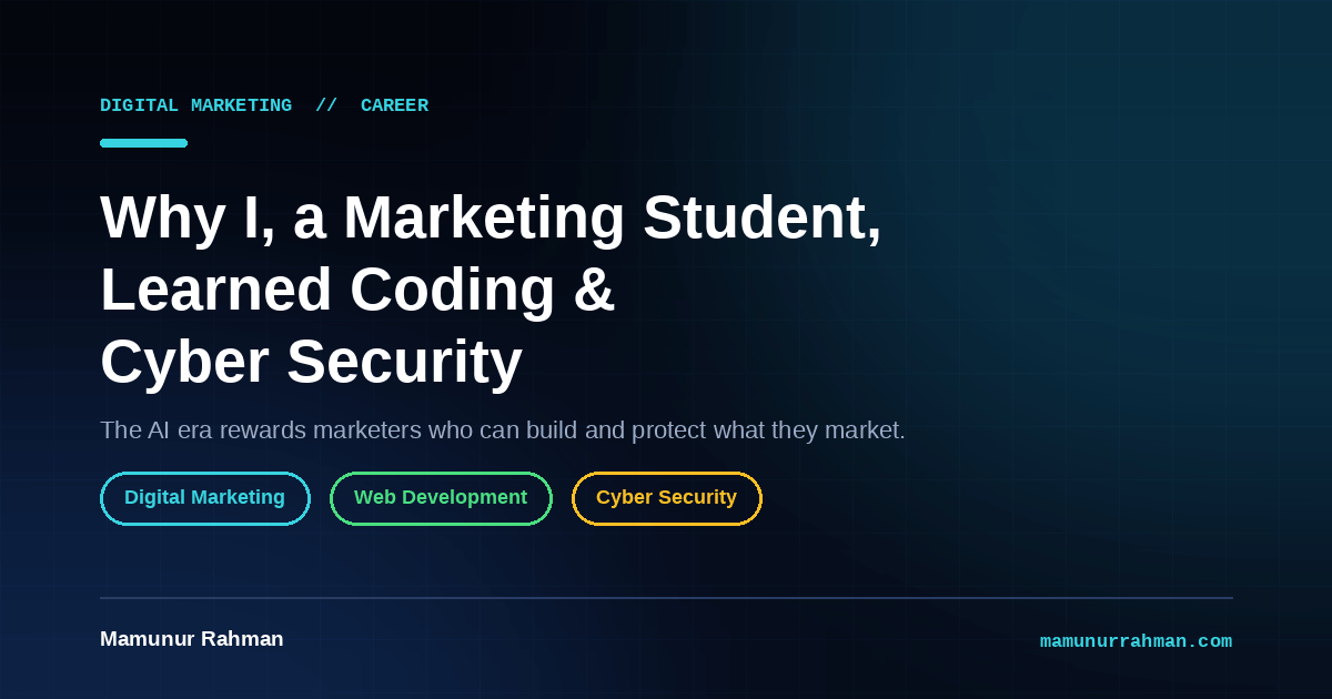 Digital marketing student learning coding and cyber security — three connected skill layers