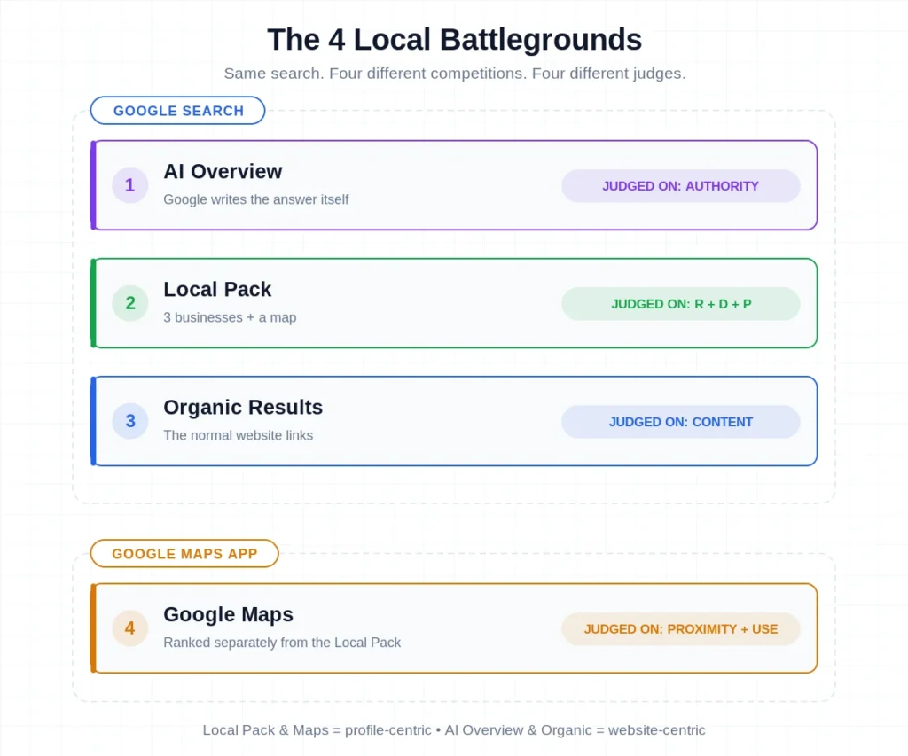 AI Overview, Local Pack, Google Maps and organic results ranking comparison