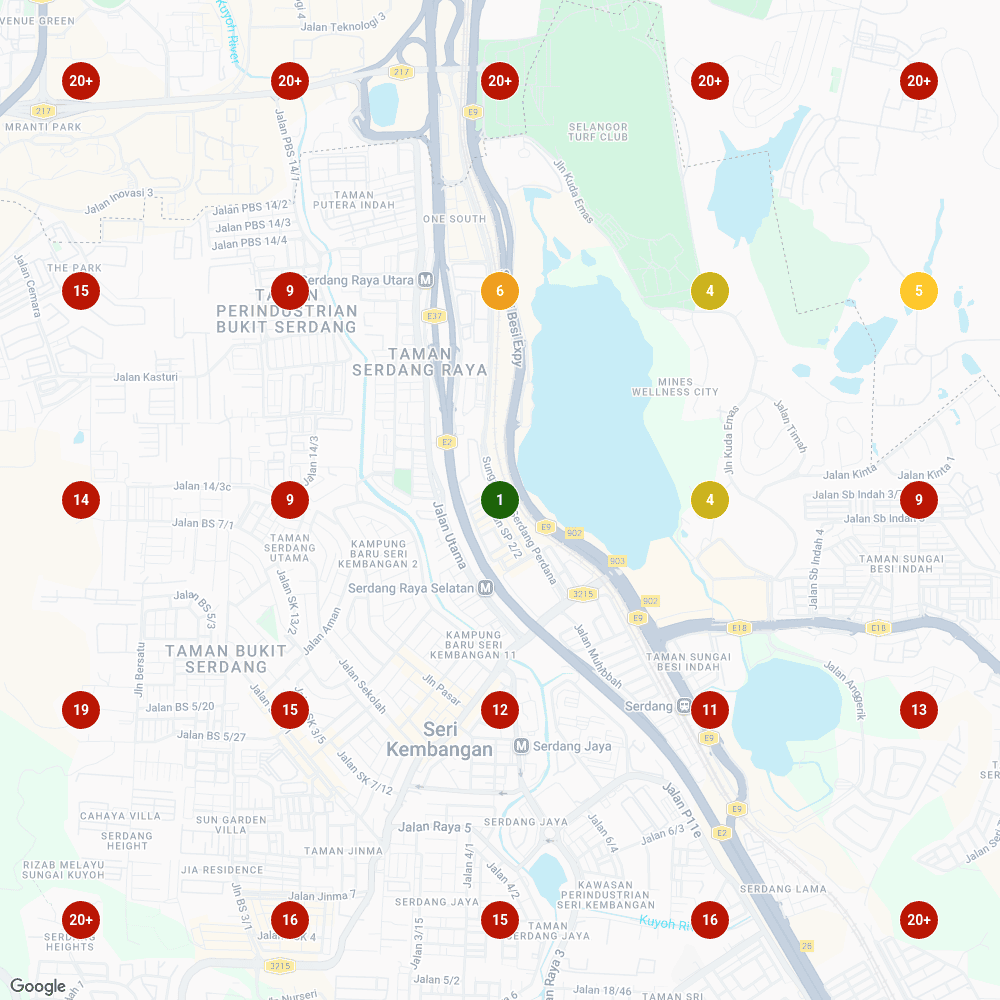 Local Falcon heatmap showing dentist rankings across 25 grid points in Seri Kembangan