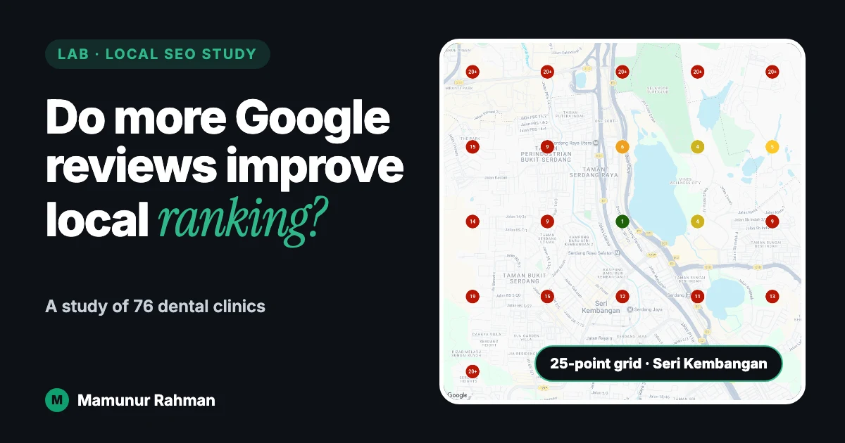 Local Falcon heatmap of dental clinic rankings across a 25-point grid in Seri Kembangan — do more Google reviews improve local ranking?